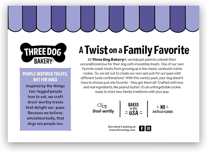 Three Dog Bakery Lick’n Crunch! Fan Favorites Dog Treats Variety Pack, Crunchy Sandwich Dog Cookies with Birthday Cake, Peanut Butter Carob & Vanilla Cream Fillings, 13 oz