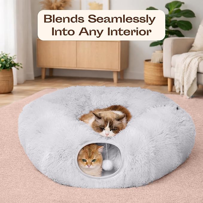 MEOWFIA Indoor Cat Tunnel with Donut Bed - Large Flexible Play Space for Multiple Pets - Circle or Snake Shape, Cozy Lounge (Gray)