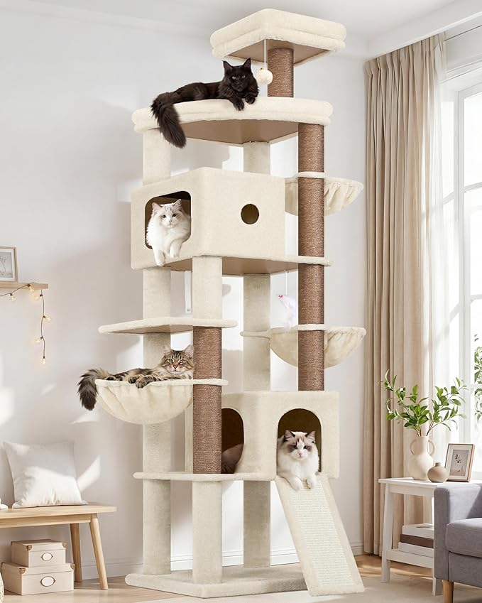 Globlazer 83in Heavy Duty Cat Tree, Giant Cat Tower with 2 Condos & 3 Hanging Baskets, Multi-Level Tall Cat Condo for Large Adult Cats, 7 Scratching Posts, F83C, Beige