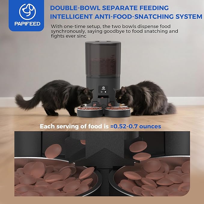 PAPIFEED Automatic Cat Feeder 2 Cats, 2.4G WiFi Cat Food Dispenser with App, 7L Slow Feeder Timed Cat Feeder for Dry Food, 10 Meals/Day, 12 Portions/Meal, Smart Pet Feeder for Dog, Black
