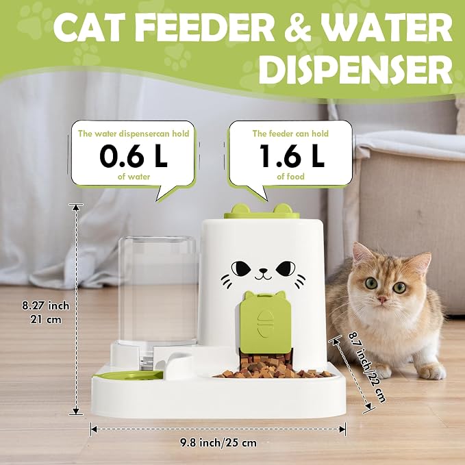 1.6L Auto Gravity Pet Feeder and 0.6L Water Dispenser Set, Automatic Cat Food and Water Dispenser, Gravity Pet Feeder for Small Medium Dog Puppy Cat Kitten (Green)