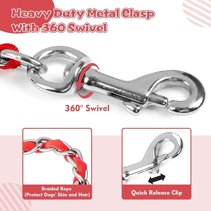 Heavy Duty Metal Dog Chain Leash with Comfortable PU Leather Padded Handle, Chew Proof for Medium Large Pooch Walking Training (6FT 3.5mm Red)