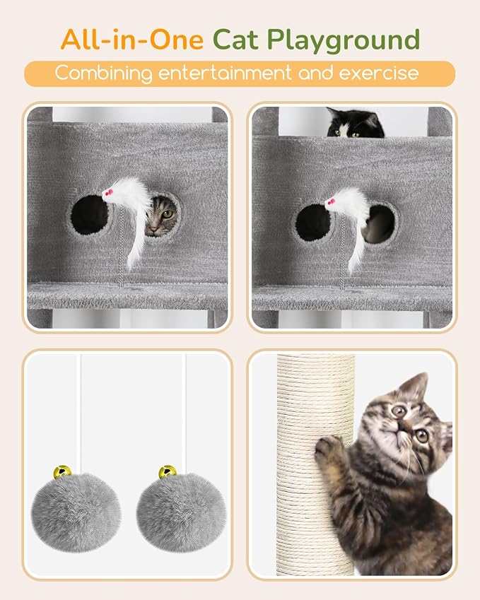 Globlazer Heavy Duty Cat Tree Tower 80in Tall Extra Large Cat Tree Tower for Multiple Indoor Cats Large Adult with Scratching Posts, 2 Spacious Condos, Padded Perches, Soft Hammock, S80B, Light Grey