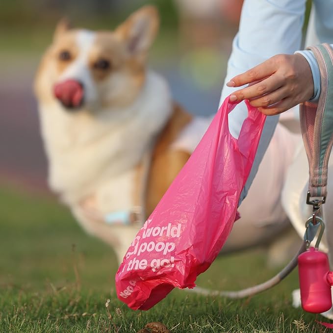 Deo Doo Dog Poop Bags with Handles 60 Rolls 720 Counts Big Sizes Leak Proof and Extra Thick Waste Bags Refill Rolls for Walking Small Medium Large Dogs Cats Litter With 2 Dispensers Rose Scented