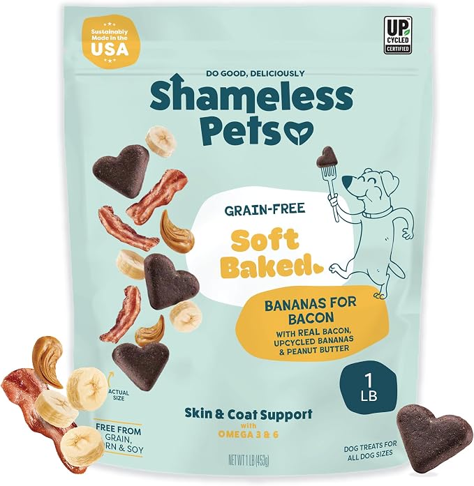 Shameless Pets Soft-Baked Dog Treats - Bananas for Bacon, Grain-Free Snacks for Medium & Large Dogs, Natural & Healthy Doggy Chews with Omega 3 & 6, Treats for Older & Senior Dogs, Made in USA