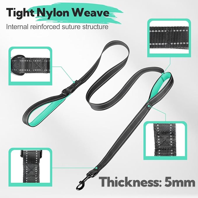 2-Handle Dog Leash Heavy Duty, Traffic Control & Night Safety Reflective Lead for Mid Large Dogs, Comfort Padded Grip Dog Leashes for Walking and Training(6 FT x 1" Wide, Black+ Teal)