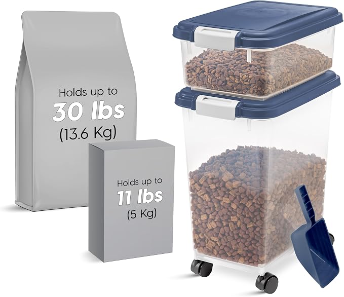 IRIS USA Dog Food Storage Container, 30 lbs & 11 lbs Combo, Cat Food Storage Container, Dog Treat Container, Airtight, Stackable, 2-Cup Scoop, Wheels, Easy Mobility, Navy