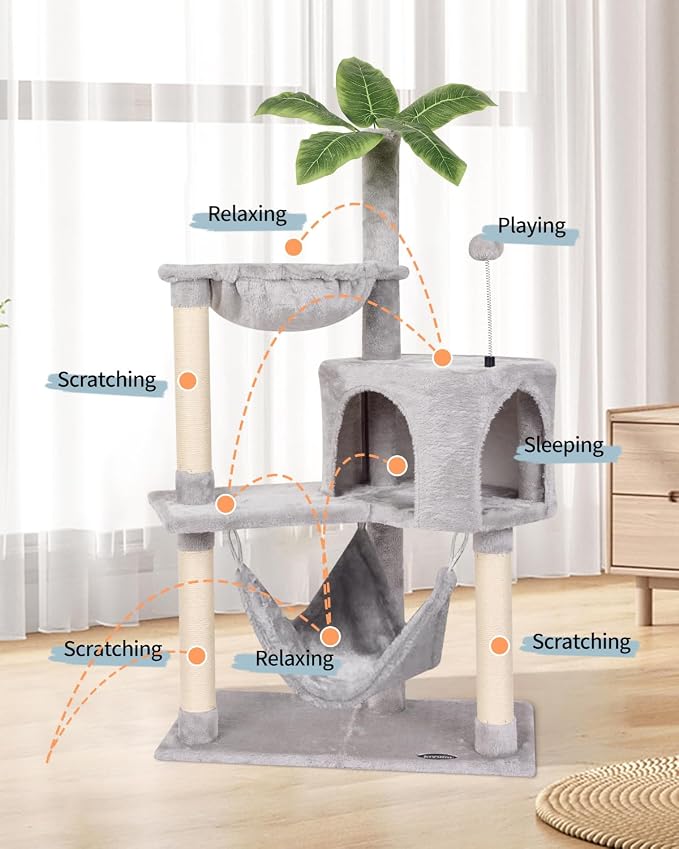 KIYUMI Cat Tree Cat Tower Condo with Sisal Scratching Post for Indoor Cats Tree Furniture with Hammock Perch and Kitten Ball Toys, Multi-Level Pet Activity Center (Grey)