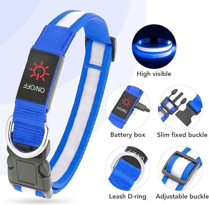 Vizpet LED Dog Collar, Light Up Dog Collar Adjustable USB Rechargeable Super Bright Safety Light Glowing Collars for Dogs(X-Large,Blue)
