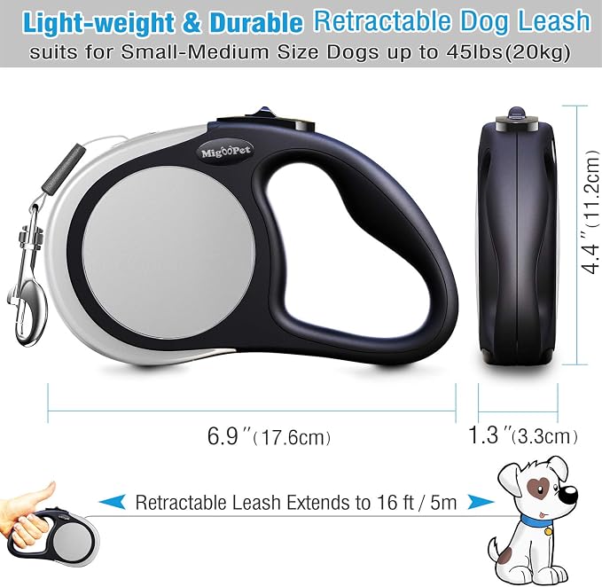 Heavy Duty Retractable Dog Leash-16ft Strong & Durable Walking Leash for S to L Dogs up to 45/115 lbs, Upgraded Lock System, Non Slip Grip, Tangle Free (Grey, Small/Medium)