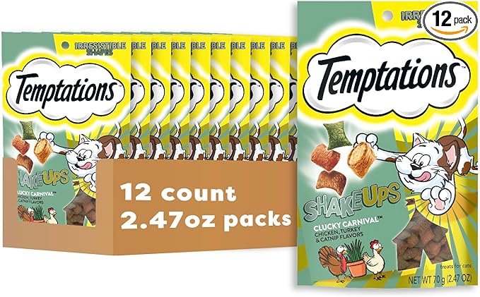 Temptations Cat Treat ShakeUps, Crunchy and Soft Cat Treats, Clucky Carnival, 2.47 oz. Pouches (Pack of 12)