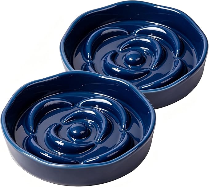 Slow Feeder Cat Bowl Set of 2, Ceramic Slow Feeding Cats Bowl Whisker Friendly, Anti Vomiting Cat Feeder for Dry and Wet Food，Fun Maze Interactive Bloat Stop Puzzle Bowls for Healthy Eating Diet