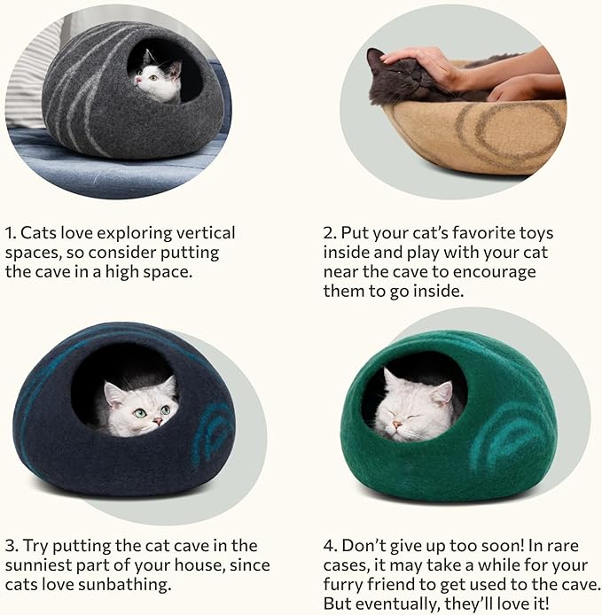 MEOWFIA Cat Cave – Premium Felt Cat Bed for Indoor Cats, Handmade Merino Wool (Light Gray, Medium)