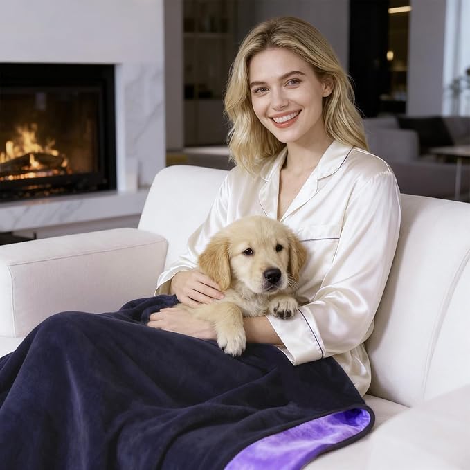 QiyI Waterproof Blanket for Bed Queen Size, Reversible Washable Pet-Friendly Flannel Throw Blanket, Leakproof Stain-Resistant Furniture Protector for Travel & Camping, 60"x80", Dk Purple/Lt Purple