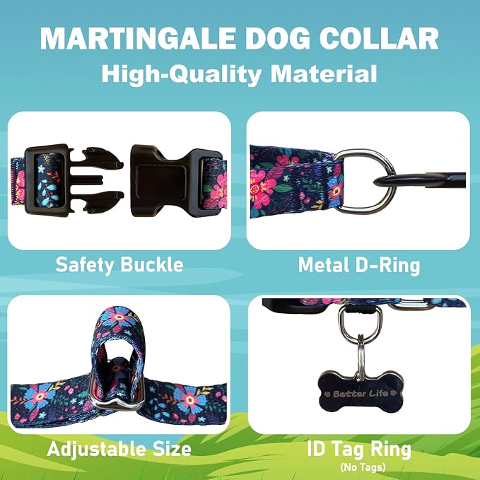 Martingale Collar for Dogs Floral Dog Collars for Small Medium Large Dogs with Buckle Adjustable Soft Nylon Dog Collar (Blue Pink Flower, Small)