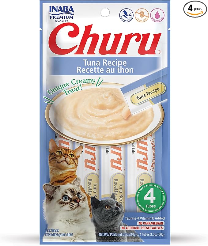 INABA Churu Lickable Purée Natural Cat Treats (Tuna Recipe, 4 Tubes)