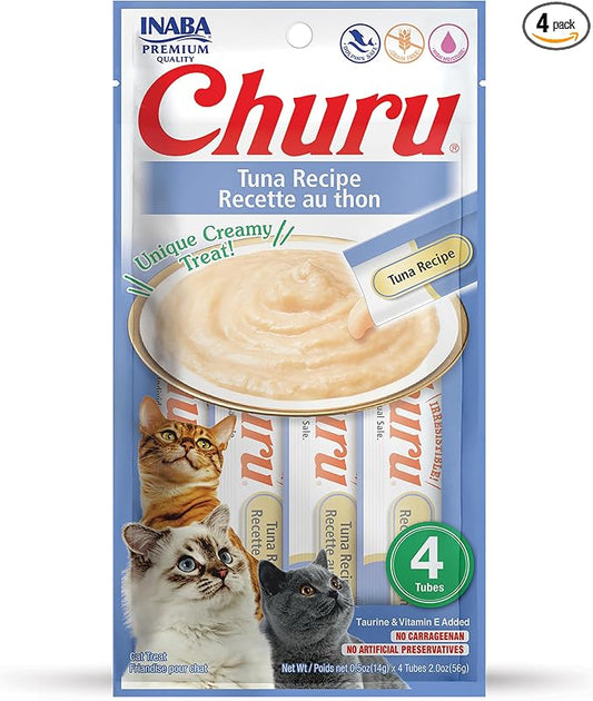 INABA Churu Lickable Purée Natural Cat Treats (Tuna Recipe, 4 Tubes)