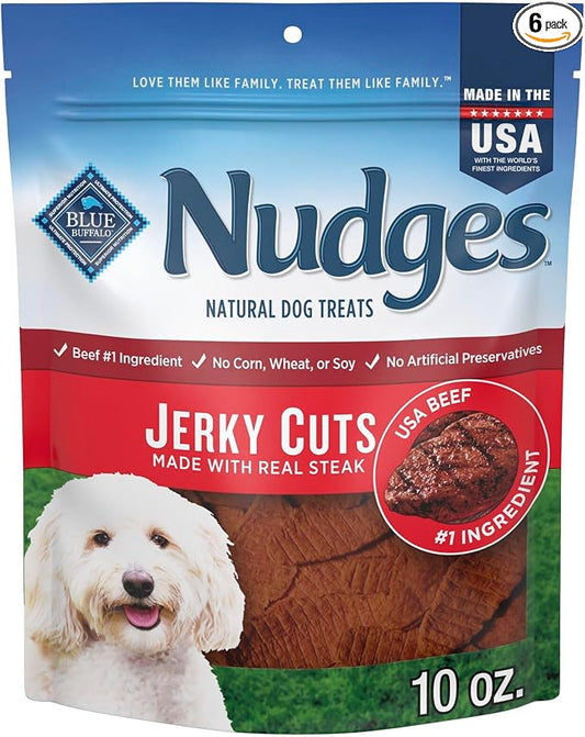 Blue Buffalo Nudges Jerky Cuts Dog Treats, Made in the USA with Natural Ingredients, Steak, 10-oz Bag (Pack of 6)