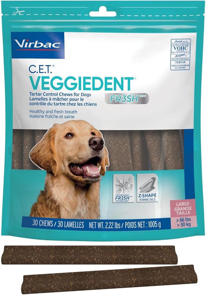 Virbac C.E.T.® VEGGIEDENT® FR3SH® Tartar Control Chews for Dogs with digestive health support, VOHC Approved, Small 11-22lbs