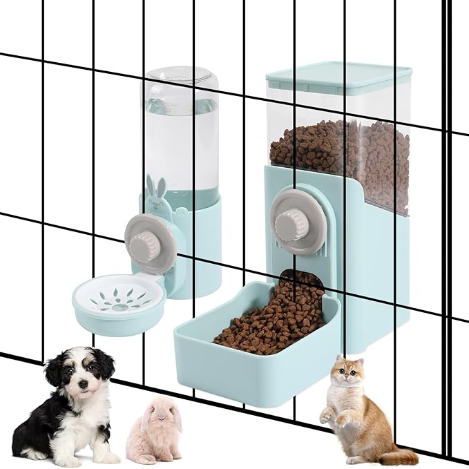 Hanging Automatic Pet Food and Water Dispenser, Auto Gravity Rabbit Ferret Bunny Hedgehog Feeder Water Dispenser Sets, Cat Dog Food and Water Dispenser Food Bowl for Cage Hanging (Light Blue)