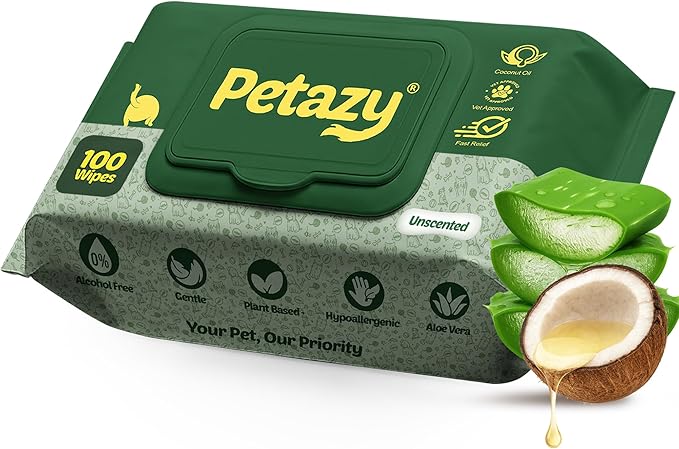 Petazy Pet Wipes for Dogs and Cats – 100 Count (8x8in) Hypoallergenic, Deodorizing Dog Wipes for Paws, Ears and Butt | XL with Aloe & Coconut Oil, Unscented | Travel Size, Single On-the-Go Pack
