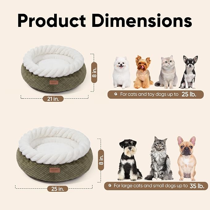 FUKUMARU Cat Bed, Calming Donut Dog Beds, Plush Faux Fur&Corduroy Kitten Beds, Cute Round Washable Pet Bed for Large Cats and Puppy, Cat Cave with Anti-Slip Bottom, 21inch, Green