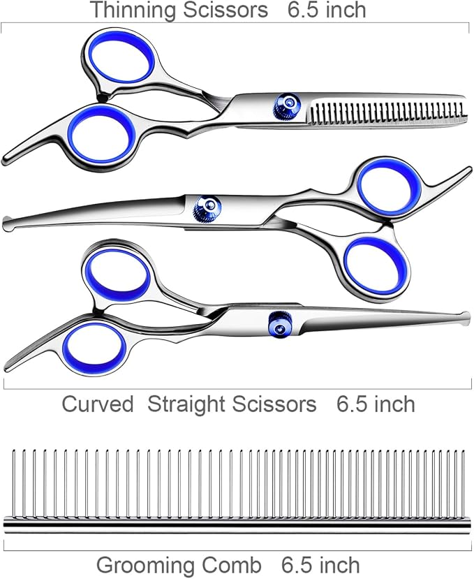 TINMARDA Dog Grooming Kit, Professional Stainless Steel Dog Grooming Scissors with Curved Shears, Blue Finger Rings - 4 Piece Sharp Durable Pet Shears for Dogs Cats At Home Salon-Quality Grooming