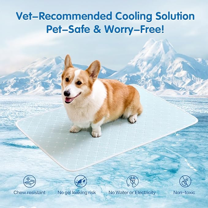 Pet Cooling Mat Scratch Resistant QMAX>0.5 Instant 6-12°F Drop, No Water or Electricity Needed Self Cooling Crate Mat for Bed, Floor, Car Travel Indoor Outdoor Summer Use Light Blue 36" x 24"