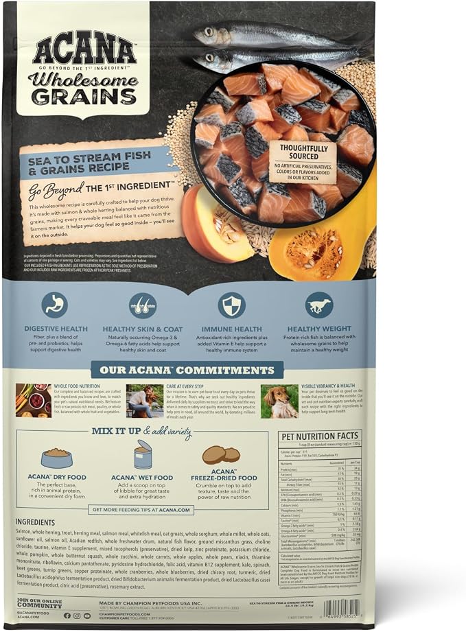 ACANA Wholesome Grains Dry Dog Food Sea to Stream Saltwater Fish Recipe 22.5lb Bag