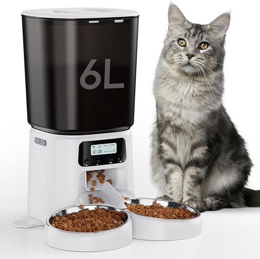 Petrice Automatic Cat Feeder for 2 Cats, 6L/25 Cups Cat Food Dispenser Programmable 30 Portions 6 Meals per Day, Timed Pet Feeder for Kitty Small Dogs with 10S Voice Record, Easy Setup, White