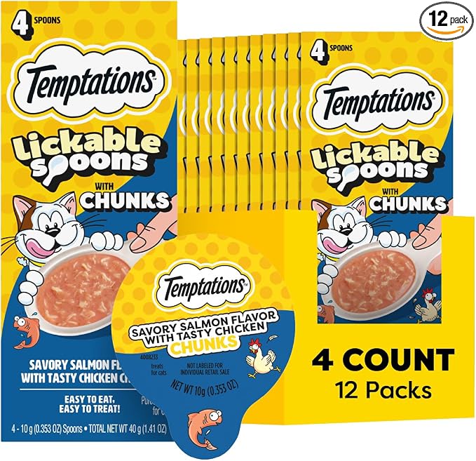 Temptations Lickable Spoons, Soft Lickable Cat Treats, Adult Wet Cat Treats, Salmon Flavor with Chicken Chunks, 4 Spoons, Pack of 12 (48 Total)