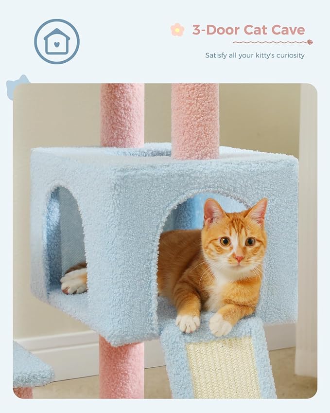 MUTTROS Flower Cat Tree 47.2" Multi-Level Cat Tower with Sisal Covered Scratching Posts, Cute Cat Condo for Indoor Small Medium Cats, Pink Top Perch, Ramp, Fluffy Ball, Blue