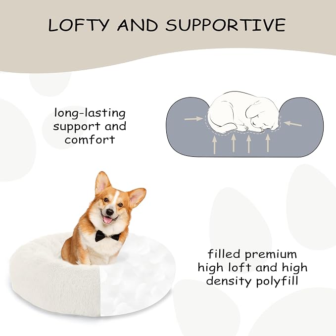 Bunlitent 20'' inch Calming Dog Bed, Anti-Anxiety Donut Small Dog Bed, Warming Cozy Soft Cute Round Washable, Marshmallow Cuddler Nest Puppy Dogs and Cats Bed, White