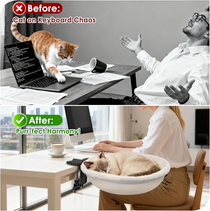 IPOW Heavy Duty Steel Frame 180° Rotating Cat Desk Bed Semi-Circular Cat Bed, Soft Faux Rabbit Fur Material, Suitable for Various Desktops-Maximum Hold Up to 40lb