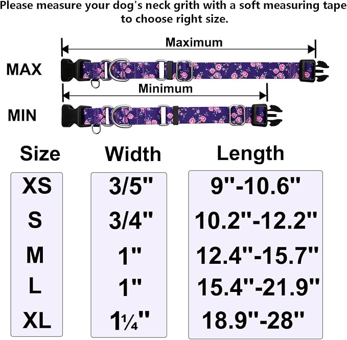 Martingale Collar for Dogs with Buckle Floral Dog Collar Girl Female Soft Nylon Dog Collars for Small Medium Large Dogs (Purple Flower, S)