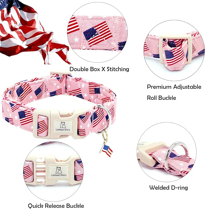 Lionheart glory American Flag Dog Collar, 4 of July Patriotic Independence Dog Collar Heavy Duty Adjustable Collars for Small Dogs Pet Gift Summer Collars