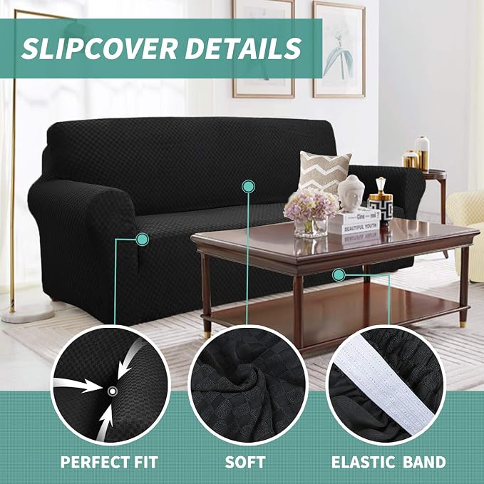 YEMYHOM Couch Cover Latest Jacquard Design High Stretch Sofa Covers for 3 Cushion Couch, Pet Dog Cat Proof Slipcover Non Slip Magic Elastic Furniture Protector (Sofa, Black)