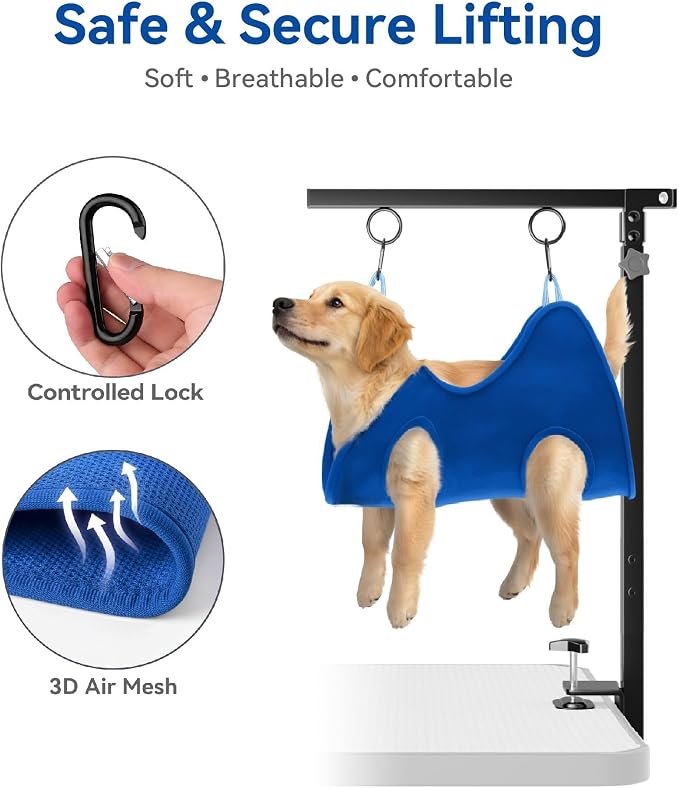 Adjustable Foldable Dog Grooming Arm with Clamp, 26–40 in Height, Safety Hammock & No-Sit Holders, Grooming Restraint for Small & Medium Dogs