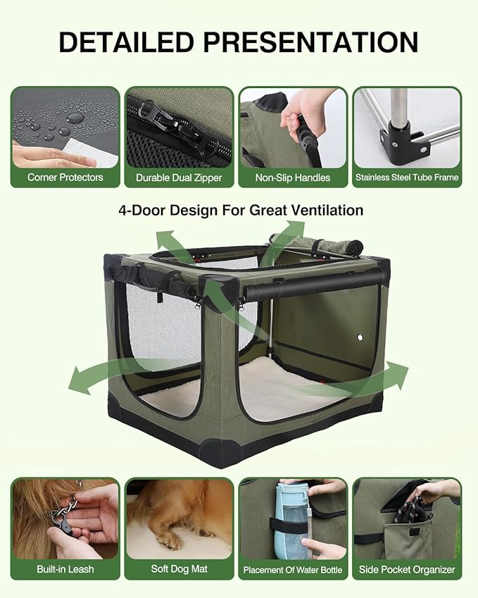 Veraste 24" L x 17" W x 17" H Collapsible Travel Dog Crate, Portable Soft Dog Kennel for Small Medium Pets up to 30 lbs, 4-Door Foldable Travel Crate with Durable Mesh & Storage Bag, Green