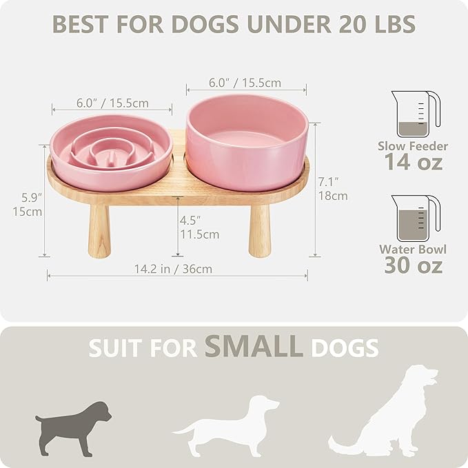 Ceramic Slow Feeder and Water Bowl Set for Small Dogs, 6.0 Inch Ceramic Dog Bowls Elevated with Wooden Stand, 0.6 Cups Dog Slow Feeder(14oz) and 30oz Water Bowl Set, Pink