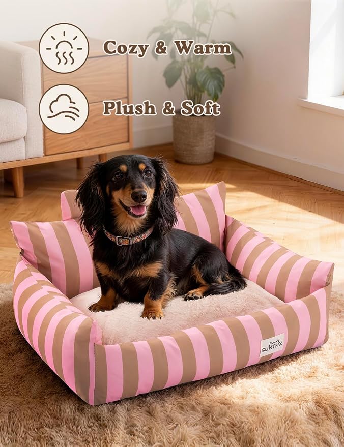 Cat Couch, Reversible Pet Bed for Indoor Cats – 2-Sided Cat Sofa with Oxford Fabric and Plush Fleece, Washable Small Dog Couch for Puppies and Senior Pets, Non-Slip Bottom, 28 inch, Pink Brown