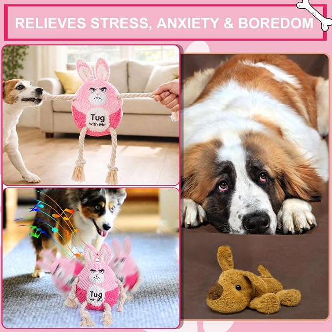 BABORUI Interactive Dog Toys, Easter Squeaky Dog Rope Toys with Recording and Music Modes, Dogs Tug Toy for Small/Medium/Large Dogs to Keep Them Busy (Pink Bunny)