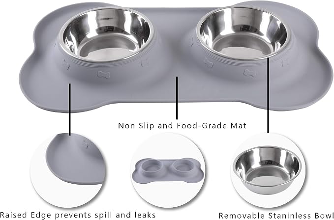 Hubulk Pet Dog Bowls 2 Stainless Steel with No Spill Non-Skid Silicone Mat + Pet Food Scoop Water and Food Feeder Bowls for Feeding Small Medium Large Dogs Cats Puppies ( Gray)