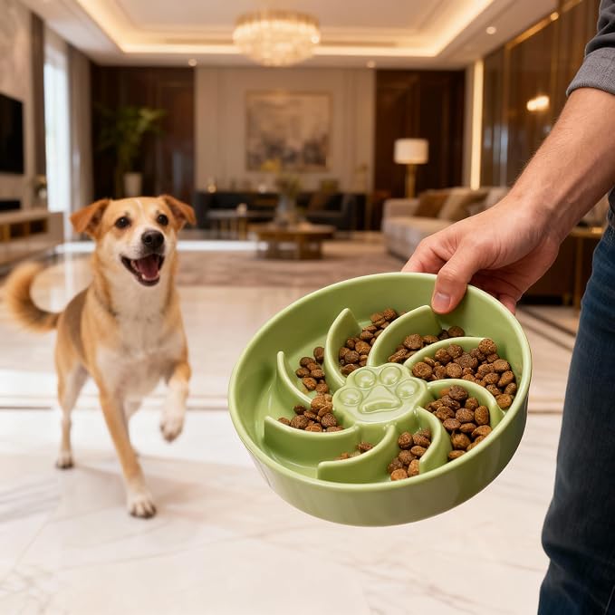 Ceramic Slow Feeder Dog Bowl, 3 Cup Dog Food or 25oz Water, Slow Eating Bowl for Middle Breed, Maze Puzzle Feeder for Fast Eaters, Anti-Choking Stop Bloat, Non-Slip BPA Free (Green)