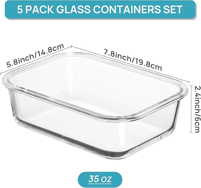 Vtopmart 5 Pack 35oz Glass Food Storage Containers with Lids, Meal Prep Containers, Airtight Reusable Lunch Container Set, Safe for Oven, Microwave, Freezer, and Dishwasher, Grey