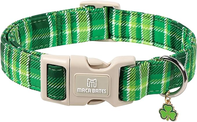 Maca Bates Spring Green Dog Collar with Clover Charm,Irish Plaid Pattern for Extra Large Girl Boy Dogs, Adjustable Durable Soft Gingham Collars for Male Female Puppy