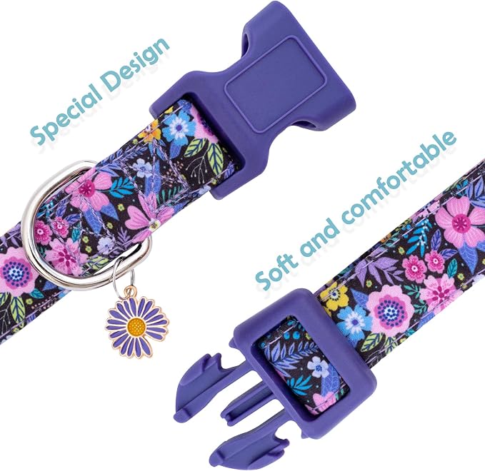 Faygarsle Cotton Dog Collar Cute Dog Collars for Small Medium Large Dogs Purple Floral Colored Options Soft and Fancy Pet Collars for Girls Flower Pattern for Girl Dog Collar L