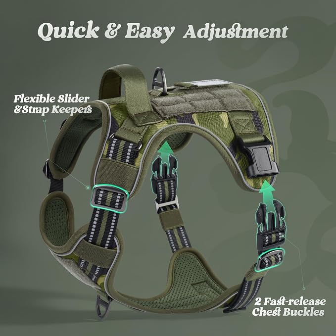 rabbitgoo Dog Harness for Large Dogs No Pull, Tactical Service Pet Vest with Molle and Control Handle, Adjustable and Reflective Military Harness for Easy Walking and Training, Green Camo, XL