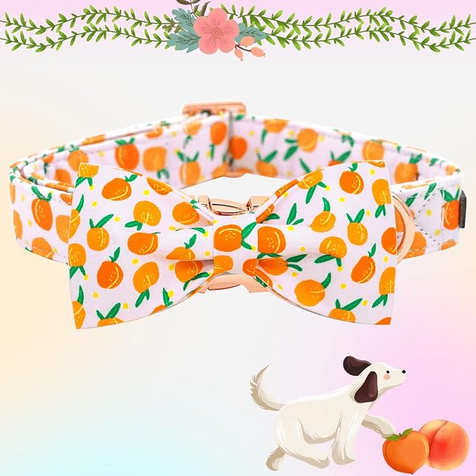 Elegant little tail Dog Collar, Peach Pattern Pet Collars with Bow Girl Cotton Bowtie Collars Spring Puppy Gift Adjustable Pet Collar for Large Dogs