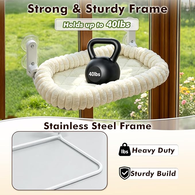 AMOSIJOY Cordless Cat Window Perch, Window Hammock for Cats with 4 Strong Suction Cups, Solid Metal Frame and Cushion Bed Cover, Indoor Cat Bed (L,Stripe)